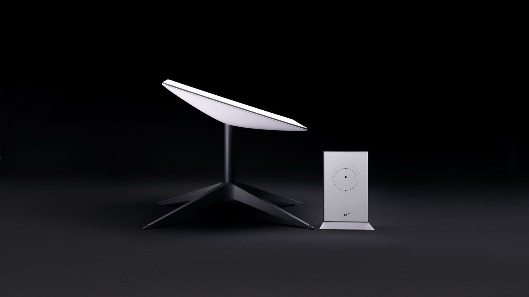 Starlink Standard Dish Kit: dish, router, and cabling on a dark studio background