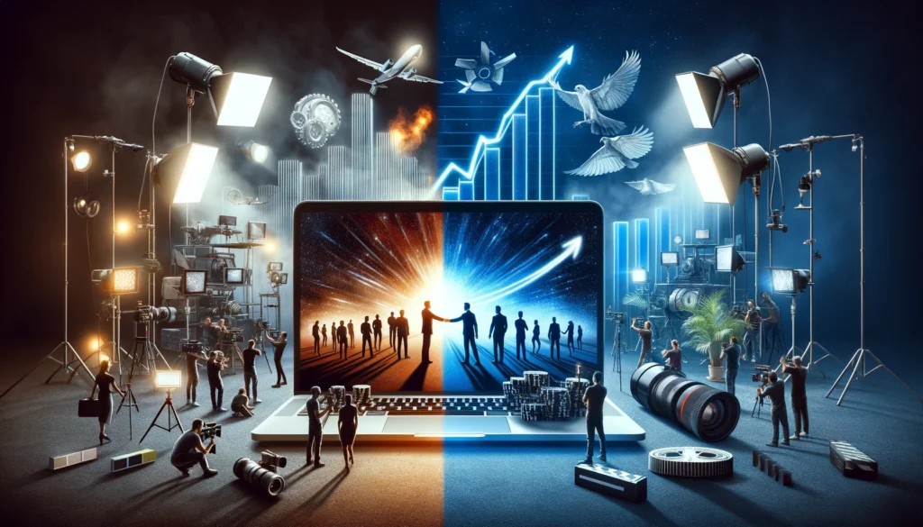 split image depicting the video production process and its impact: On the left, a behind-the-scenes look at a video shoot with blurred lighting, cameras, actors, and crew, with a laptop in the foreground showing a finished commercial