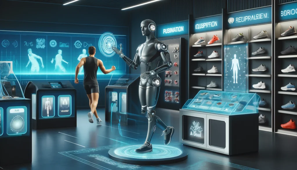 A futuristic retail store with a robotic salesperson on the left, and a human athlete in action on the right, highlighting the synergy between AI and human needs.
