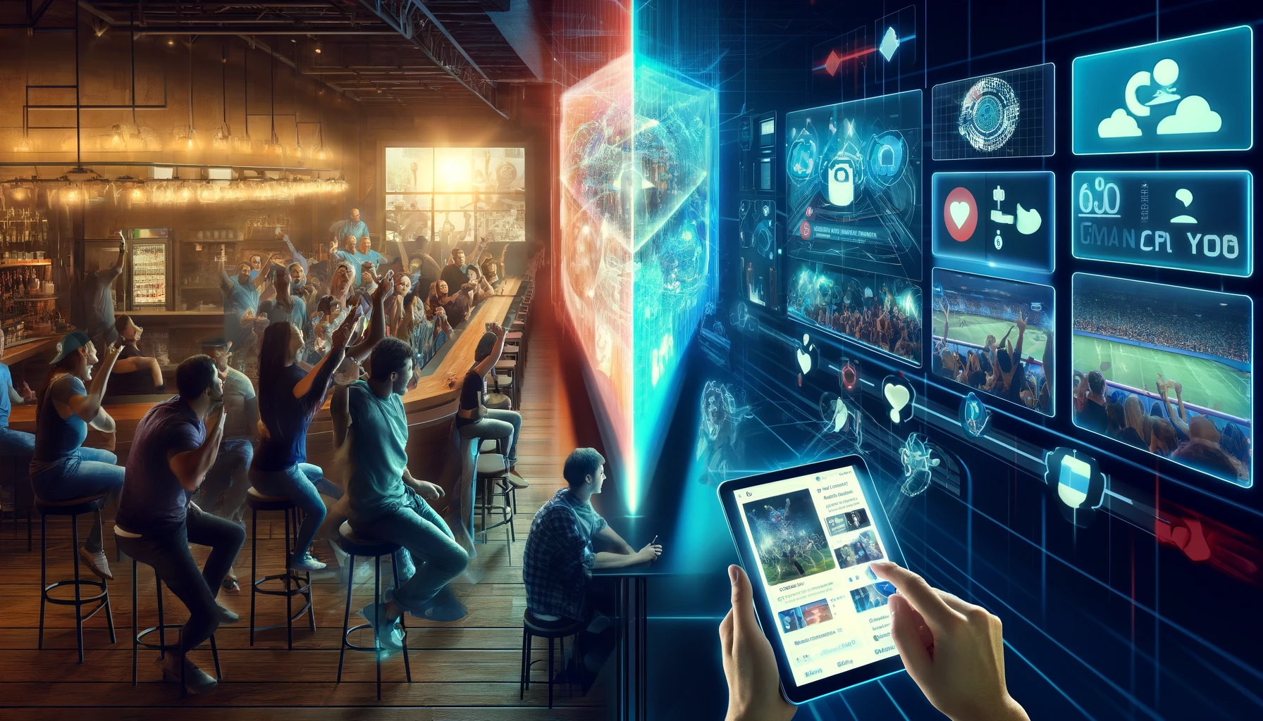 Futuristic sports bar with patrons cheering at a holographic screen and interacting via tablets with a social media-connected experience.