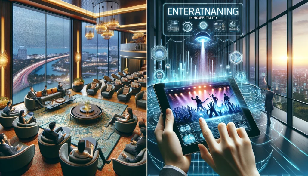 Luxurious hotel lobby with guests exploring holographic entertainment options and a futuristic concert displayed on a tablet.