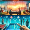 Modern office entertainment zone with employees playing holographic air hockey and using VR headsets, against a cityscape at sunset.