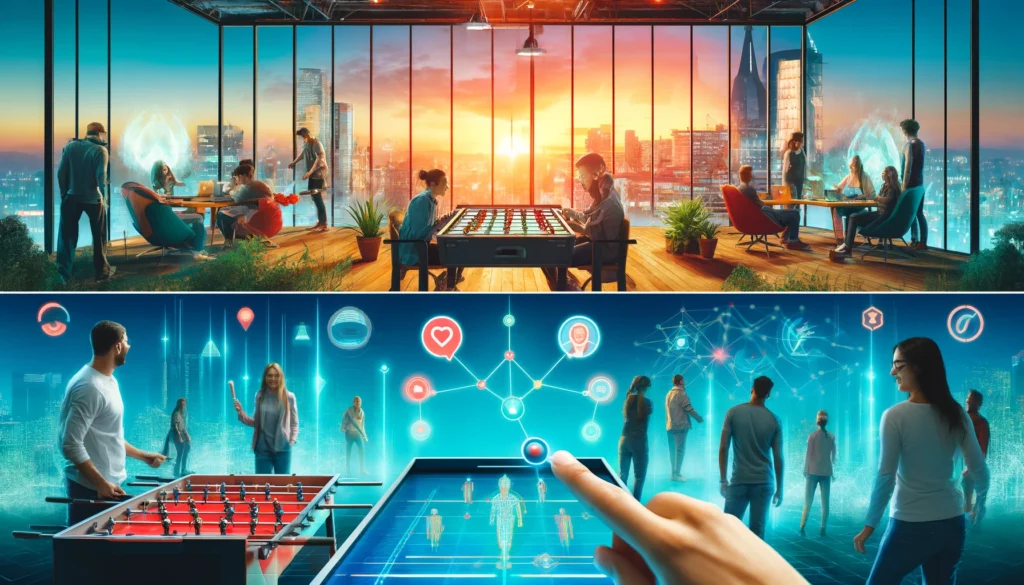 Modern office entertainment zone with employees playing holographic air hockey and using VR headsets, against a cityscape at sunset.