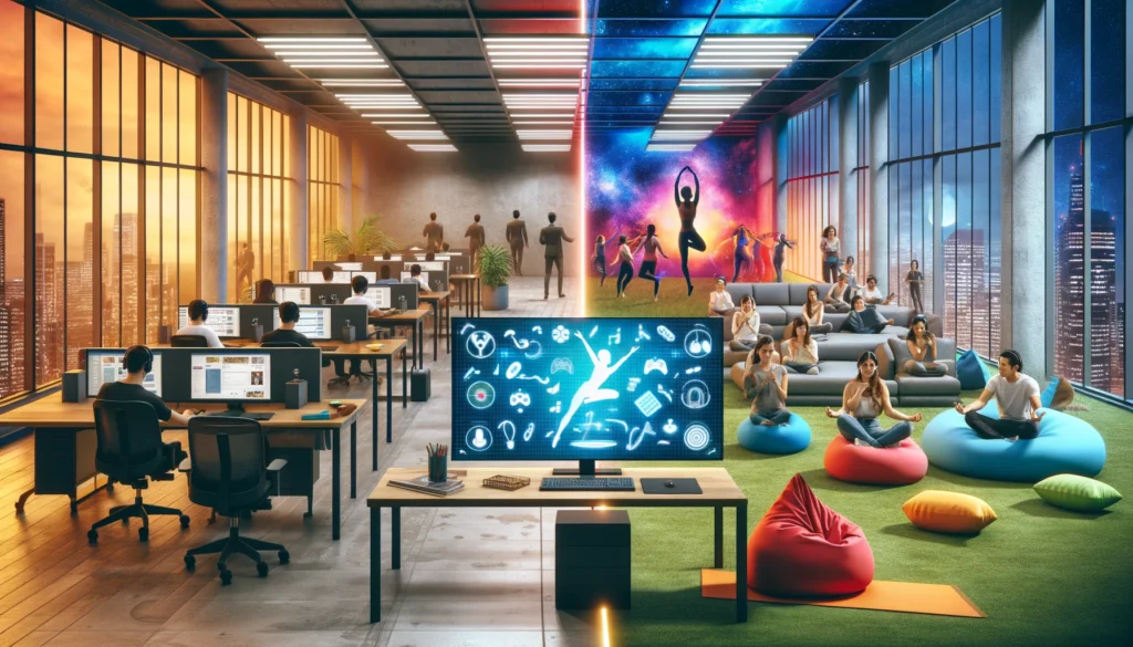 Split-screen image: left side shows a dull office with bored employees; right side vibrant with VR games, live music, and yoga.