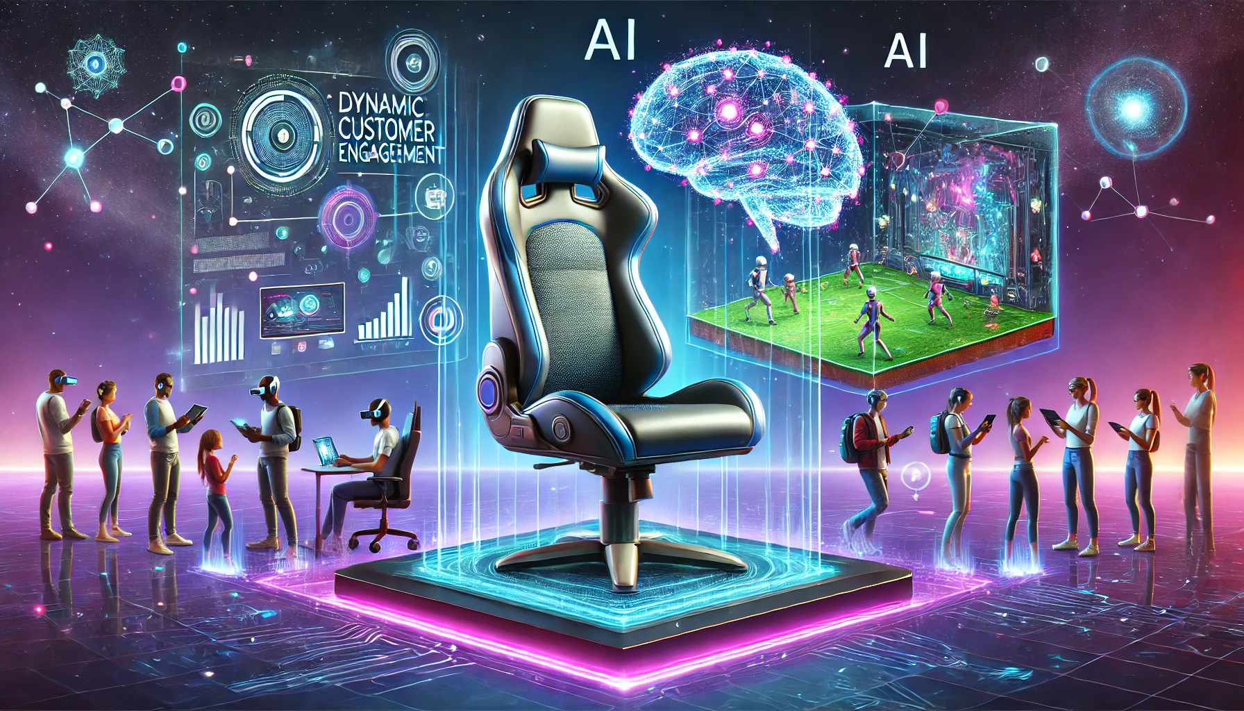 A futuristic gaming scene with a holographic display above a gaming chair, diverse players in AR headsets, and an AI brain with glowing neural connections. Neon purples and blues background.