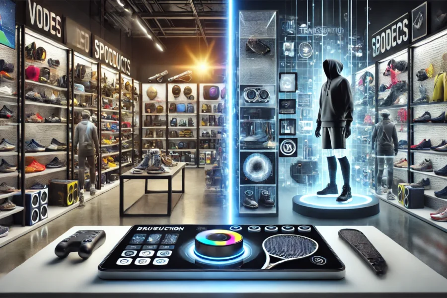 A split image of sporting goods: the left side is flat and uninviting, the right side has dynamic holographic displays for virtual interaction. A transparent control panel with holographic buttons is in the foreground.