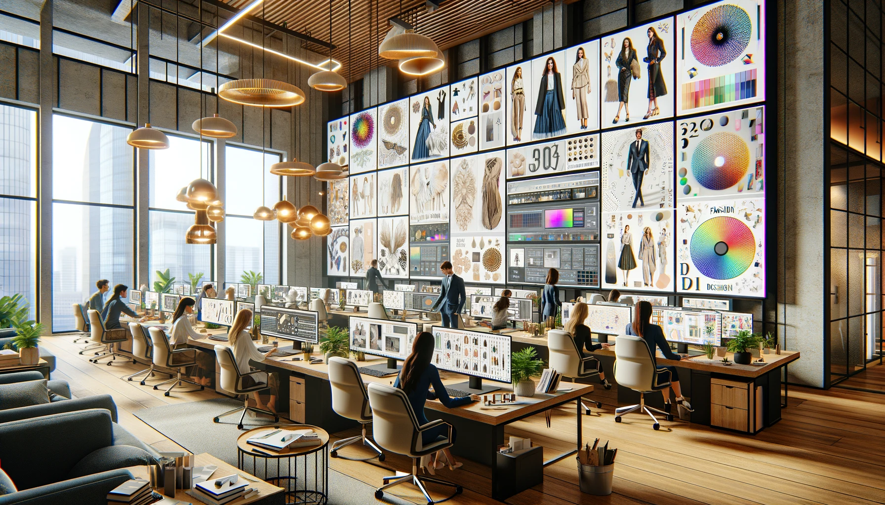Revise the photorealistic 3D image to depict an office of a fashion and design company