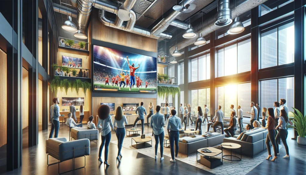 Energetic office with employees gathered around TVs, reacting excitedly to content, in a modern, collaborative workspace with ambient lighting and plants.