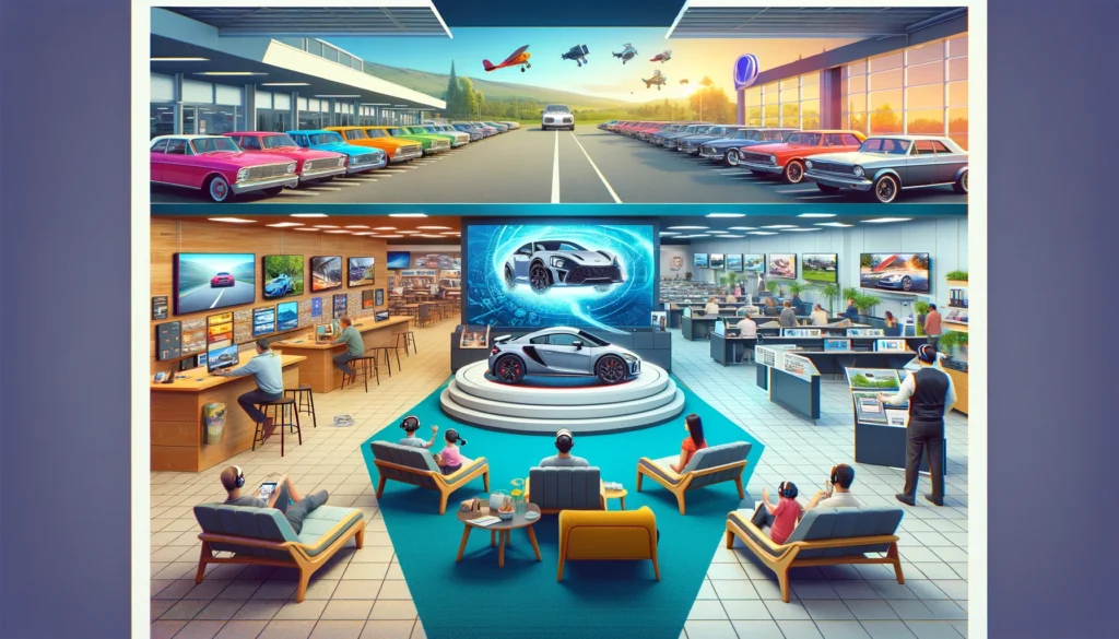 Transformation of a car dealership: Traditional showroom, integration of entertainment features, and a modern dealership with VR and AR technology.