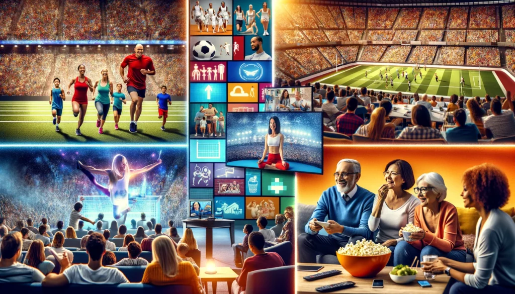 Collage showcasing Exclusive Entertainment's diversity: sports in a stadium, home workout, office seminar, and family watching a movie.