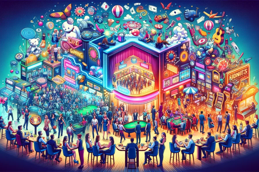 Dynamic gaming venue with live music, engaged players at gaming tables, and interactive exhibits, showcasing on-premise entertainment as a key success factor in the gaming industry.