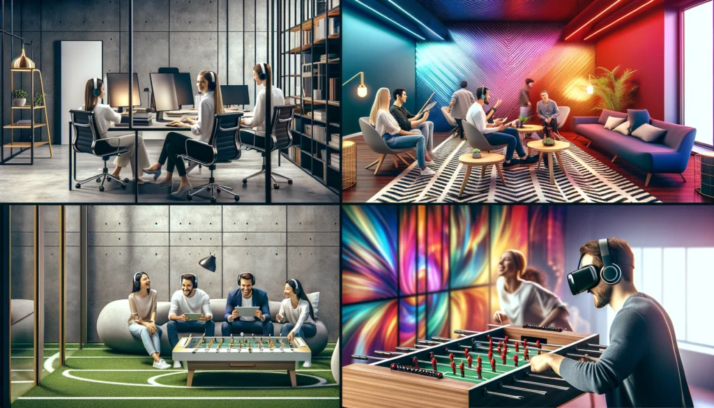 Modern office with employees working, game room with foosball table, abstract art installation, and collage of VR headset, AR tablet experience, and music player.