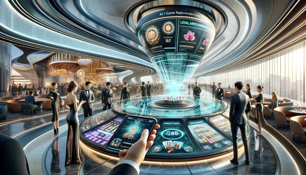 A futuristic casino floor with sleek architecture and holographic displays on the left, and a hand holding an AI-powered device with personalized recommendations on the right.