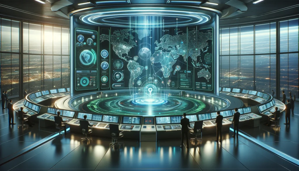 Futuristic command center with operators using holographic interfaces and a large digital display showing global entertainment management.