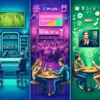 Image showing entertainment evolution in hospitality, from a dull bar to an interactive restaurant and a futuristic hotel with VR experiences.
