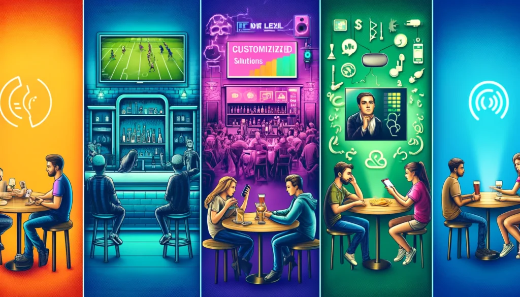 Image showing entertainment evolution in hospitality, from a dull bar to an interactive restaurant and a futuristic hotel with VR experiences.