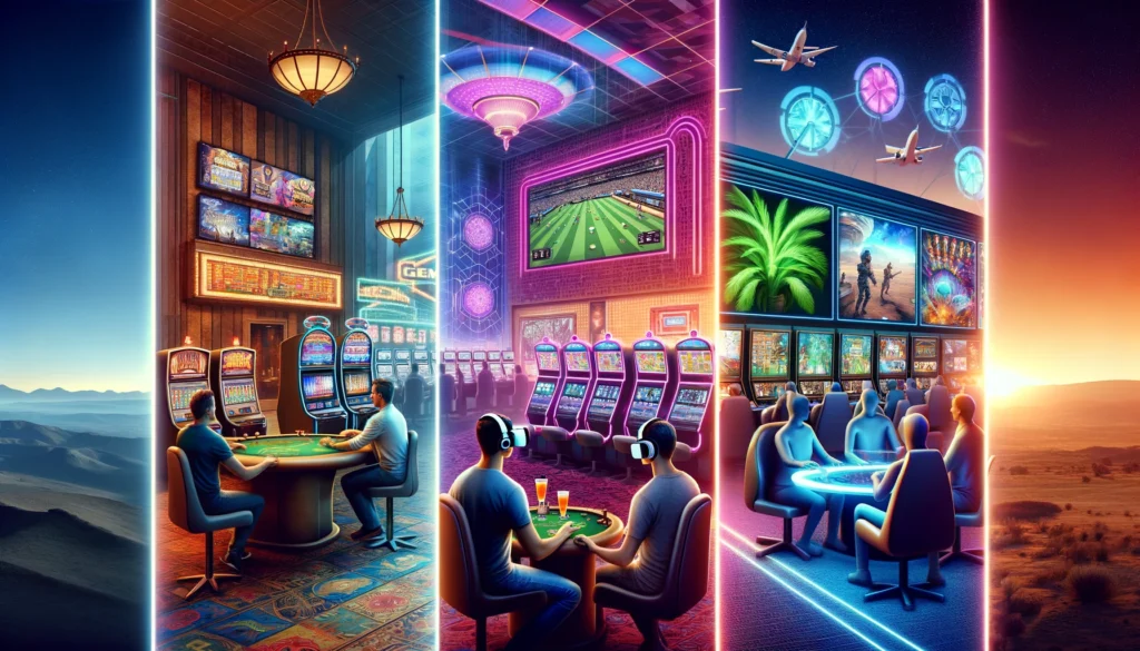 Image transitions from a traditional casino setting to a vibrant modern floor with esports, and a futuristic VR gaming environment.