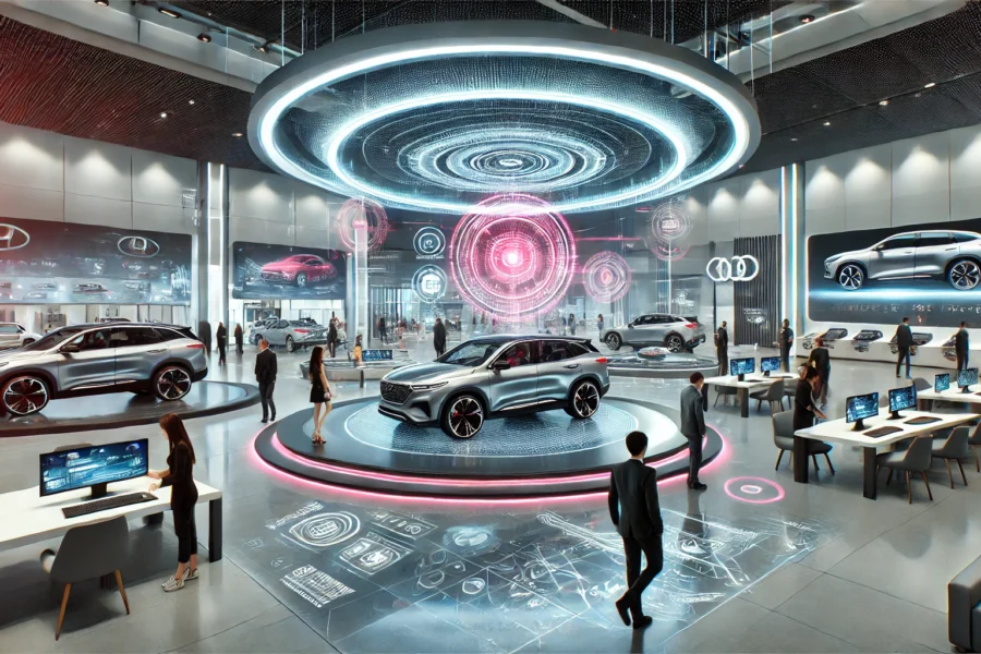 A futuristic car dealership showroom with advanced technology, interactive kiosks, augmented reality features, and virtual reality test drives, highlighting customer engagement and satisfaction.