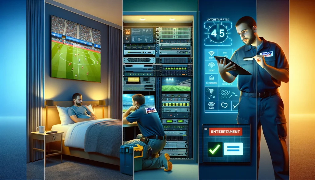 Hotel guest relaxing while watching sports on TV, Sports Direct technician inspecting IT equipment, and collage showcasing seamless streaming and 24/7 support.
