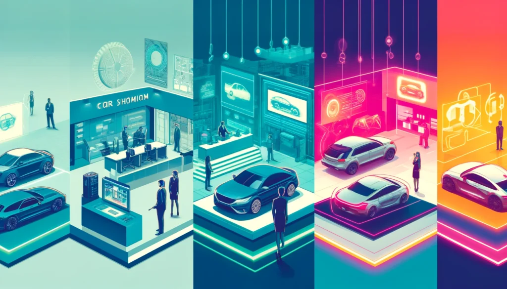 Evolution of car showrooms from traditional static displays to modern digital interactions and futuristic AR/VR experiences.