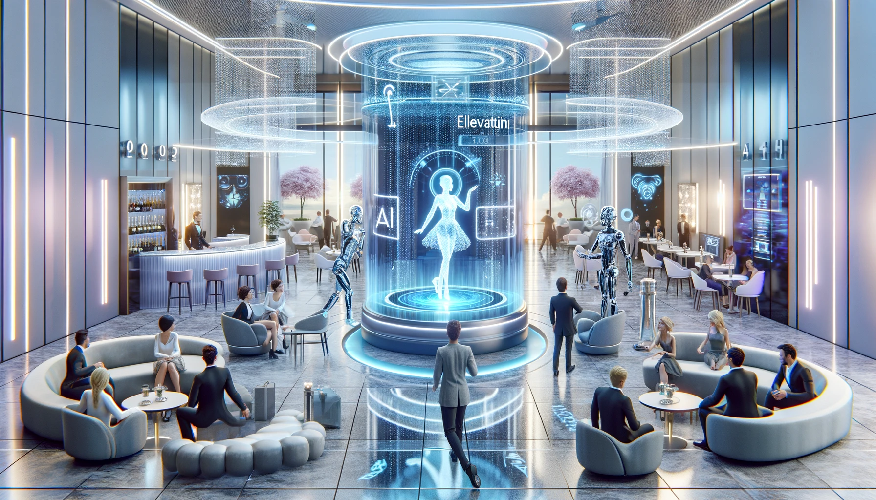 Futuristic hotel lobby with a holographic performer, stylish guests, sleek furniture, robotic waiters, and a digital concierge.