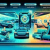 Futuristic image showing a car buying journey: a person on a couch with a holographic tablet, engaging with a virtual car, and on a video call.