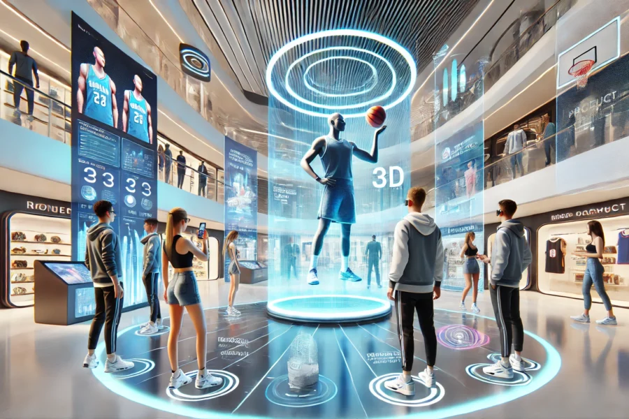 A futuristic shopping mall with curved walls and transparent displays. People interact with a holographic basketball player, personalized screens, and augmented reality on their phones.