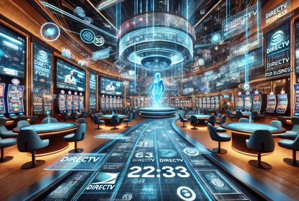 Futuristic casino with AI-enhanced entertainment, featuring high-definition DIRECTV screens displaying sports and interactive content in a vibrant, high-tech environment.